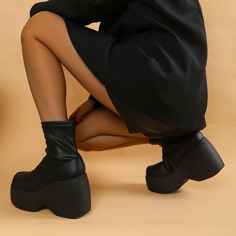 Leather Elastic Wedge Platform Boots