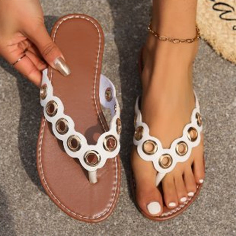 Metal Hollow Circle Thong Flat Flip Flops Slide Slippers