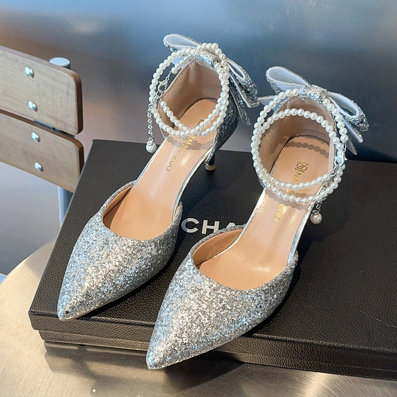 Pointed Toe Shallow Mouth Paillette Bow High Heels