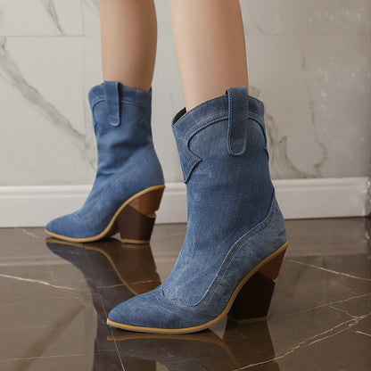 Retro Pointed Profiled Chunky Sleeve Middle Boots