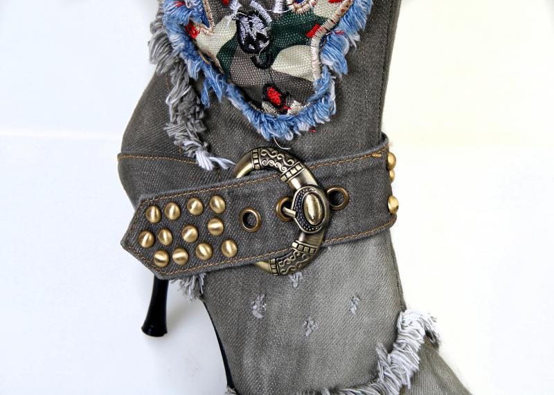 String Bead Knee High Denim Stiletto Boots