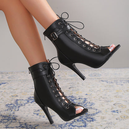 Peep Toe Lace-up Buckle Back Zipper Heels