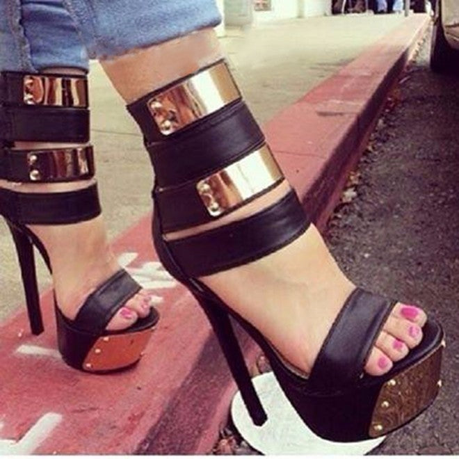 Open Toe Roman Sandals Metal Sheet Rivet Waterproof Platform High Heels