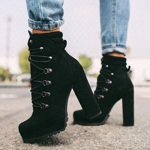 Round Toe Lace UP High Heels Boots