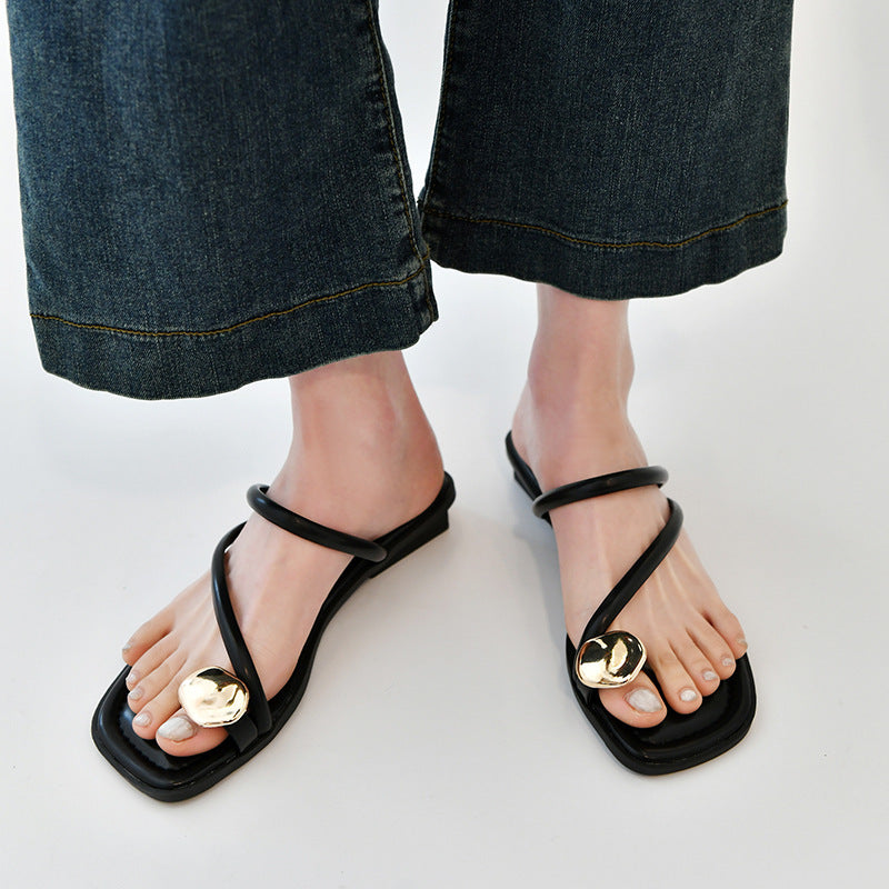 Golden Button Toe Covering Slippers