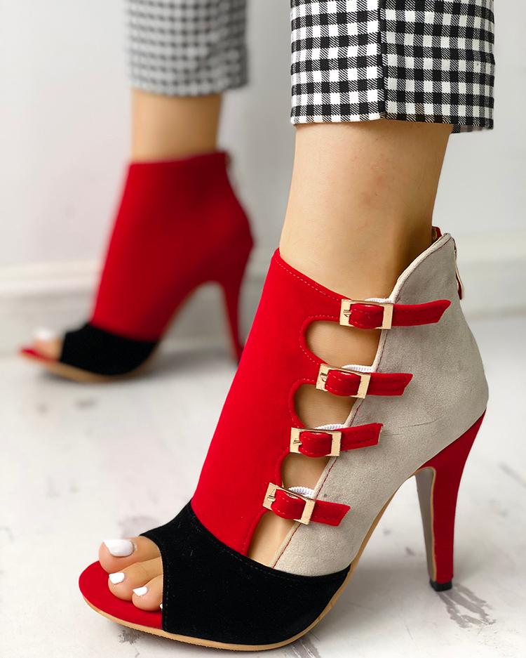 Colorblock Hollow Out Buckled Heels