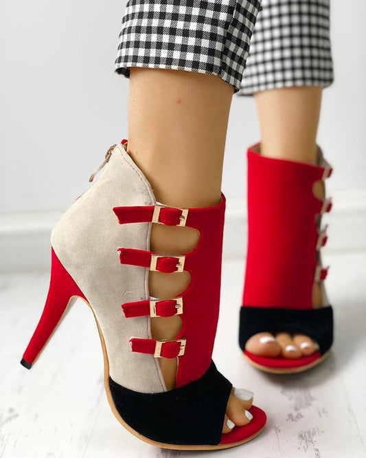 Colorblock Hollow Out Buckled Heels