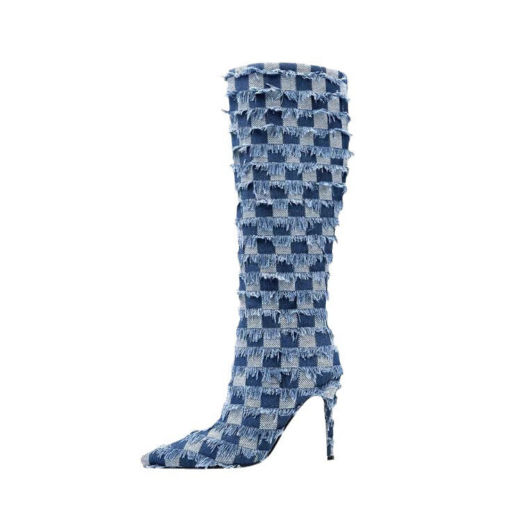 Chessboard Plaid Denim Blue Cloth Boots