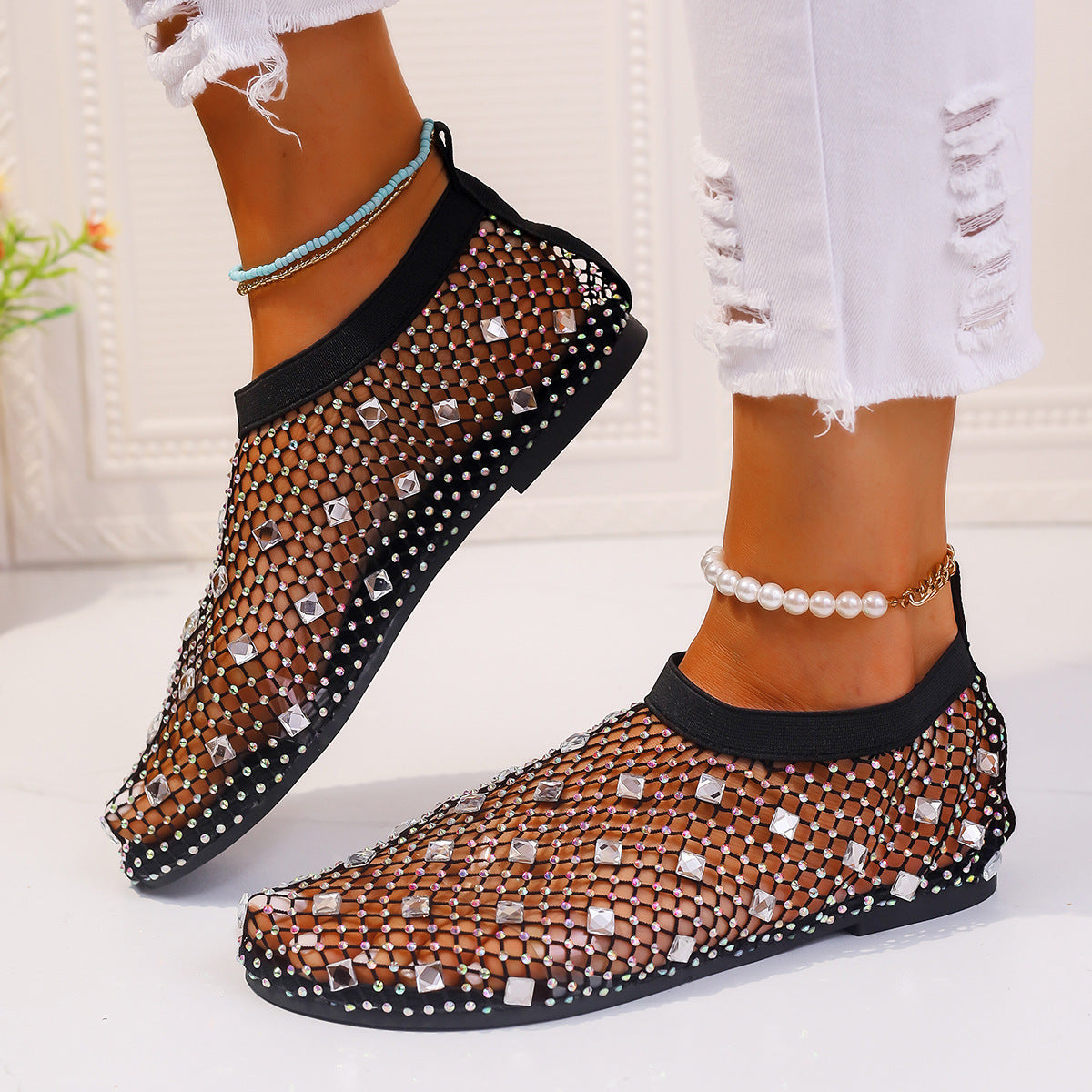 Mesh Flat Colorful Rhinestone Sandals