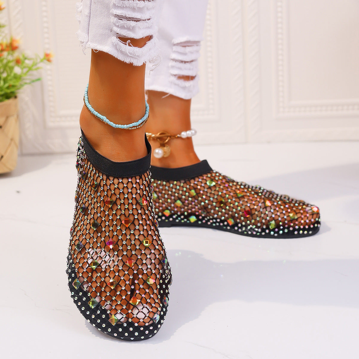 Mesh Flat Colorful Rhinestone Sandals