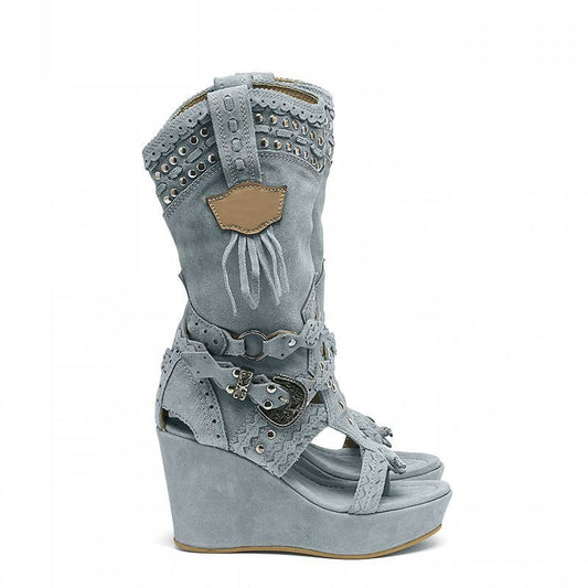 Canvas Denim Wedge Hollow-out Boots