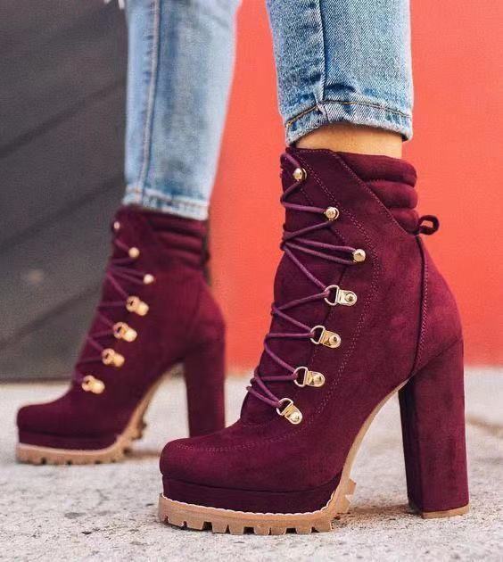 Round Toe Lace UP High Heels Boots