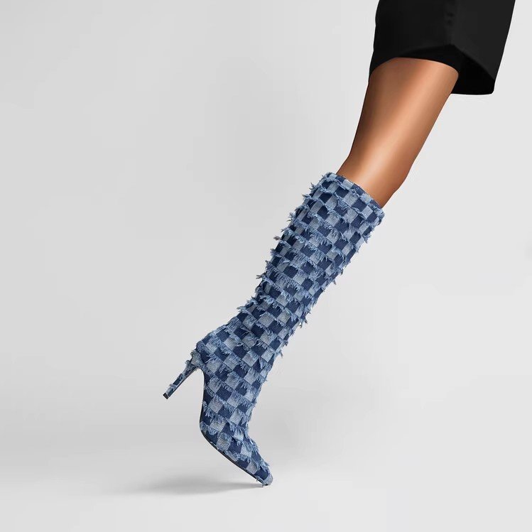 Chessboard Plaid Denim Blue Cloth Boots