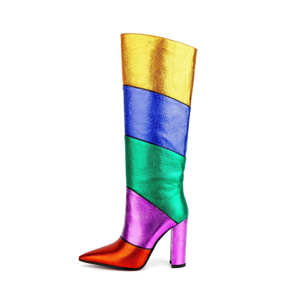 Tribal Card Metal Rainbow Color-blocking Pointed Chunky Heel Boots
