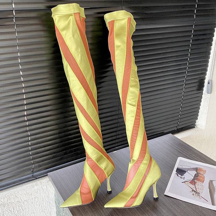 Elastic Thread Stitching Mesh Long Tube Over The Knee Boots