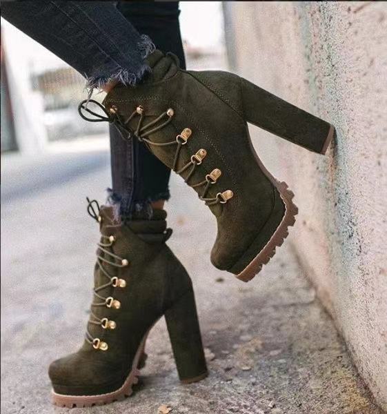 Round Toe Lace UP High Heels Boots