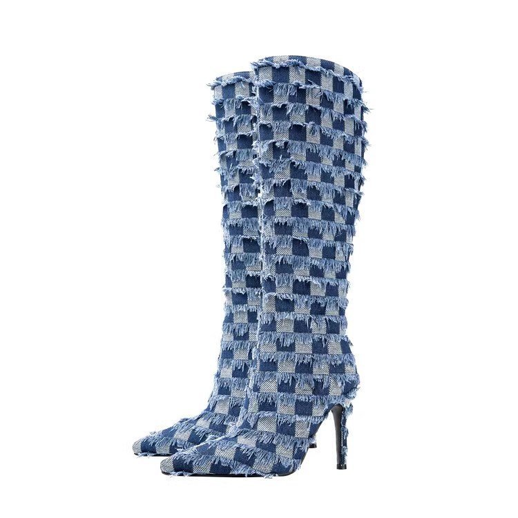 Chessboard Plaid Denim Blue Cloth Boots