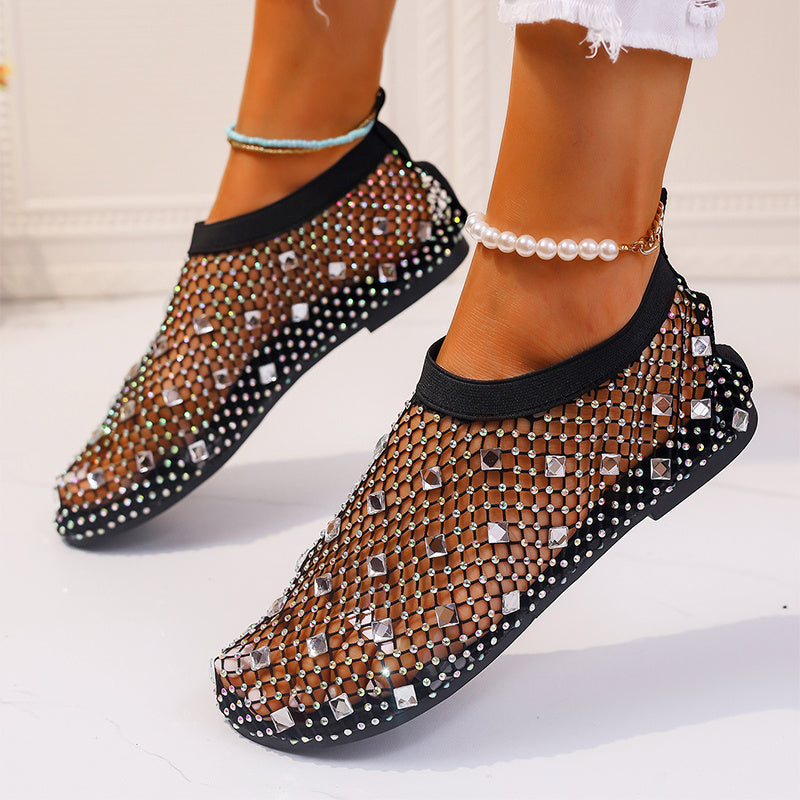 Mesh Flat Colorful Rhinestone Sandals