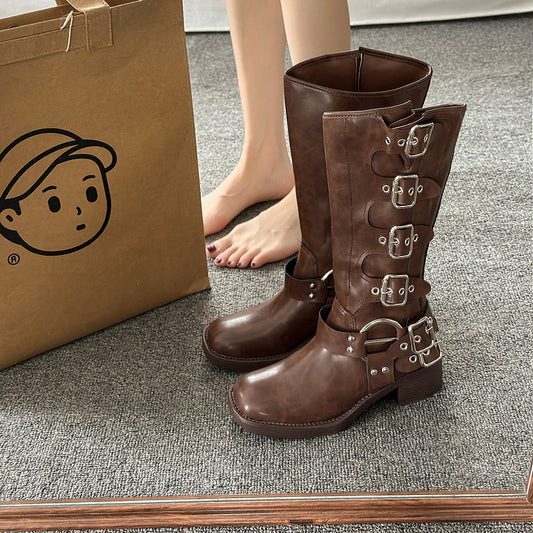 Leather Buckle Western Cowboy Boots