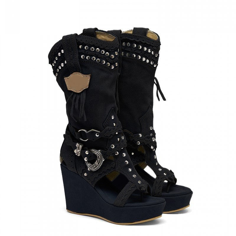 Canvas Denim Wedge Hollow-out Boots