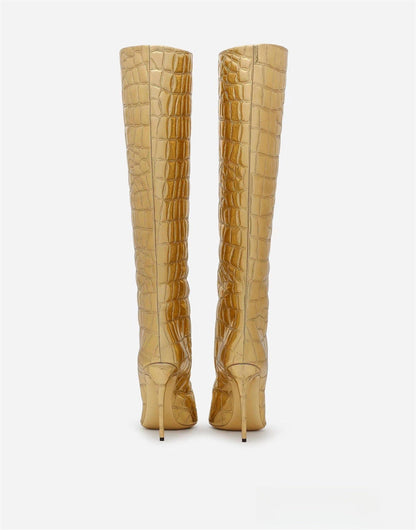 Pointed Stiletto Heel Print Boots Gold