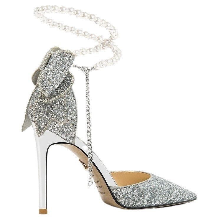 Pointed Toe Shallow Mouth Paillette Bow High Heels