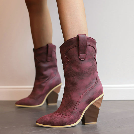 Retro Pointed Profiled Chunky Sleeve Middle Boots