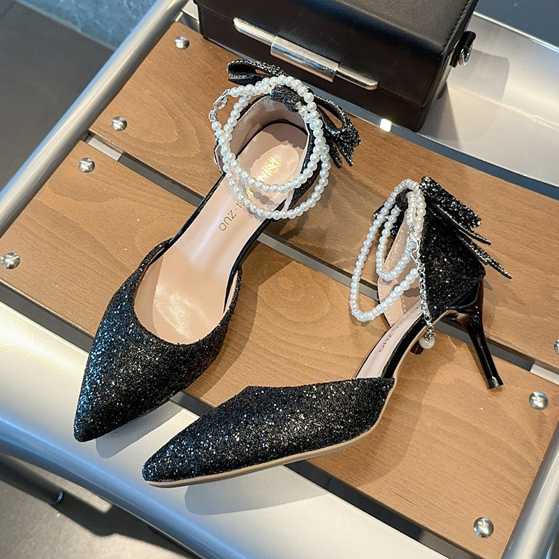Pointed Toe Shallow Mouth Paillette Bow High Heels