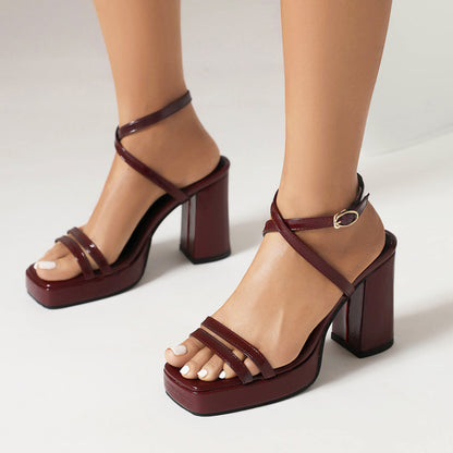 Square Toe Thin Strap Buckle Wide Strap High Heels