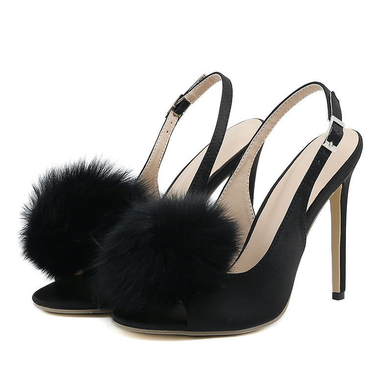 Hair Ball Satin Fish Mouth High-Heels