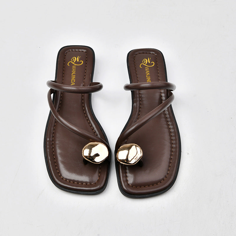 Golden Button Toe Covering Slippers