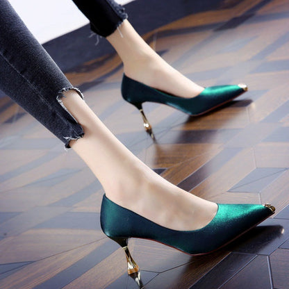 Pointed Gold Toe Satin High Heels