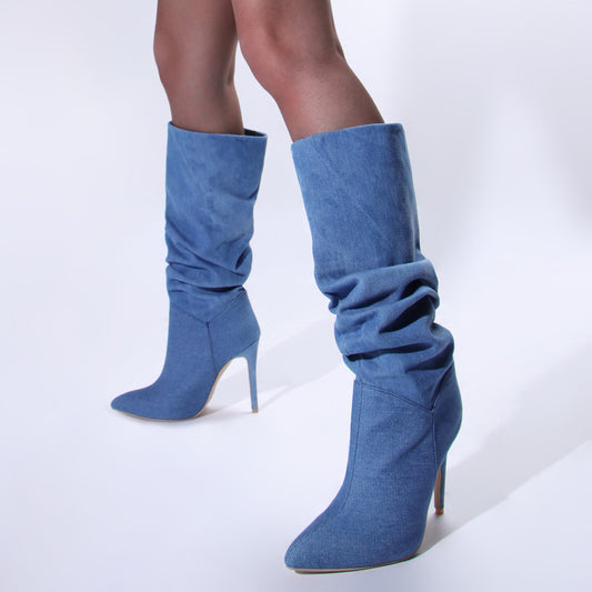 Pointed-Toe Stiletto Denim Style Boots