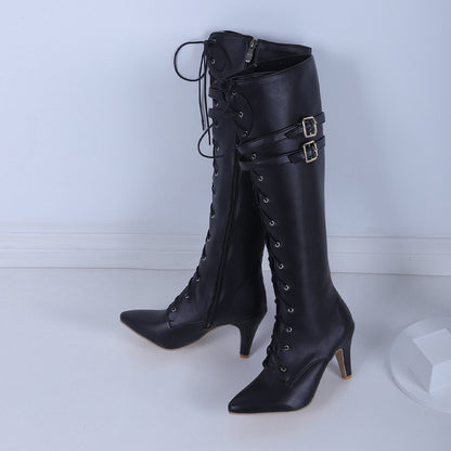 Belt Buckle Stiletto Heel Front Lace-up High Leg Boots