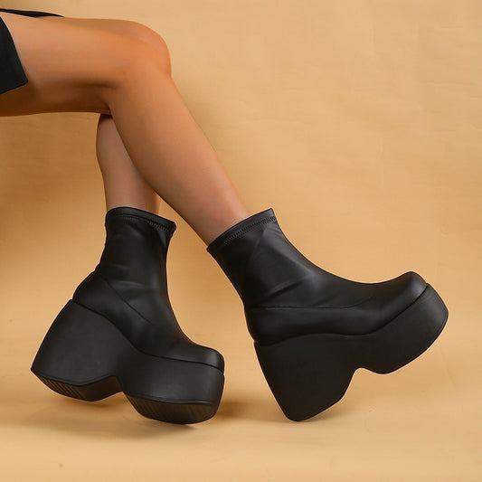 Leather Elastic Wedge Platform Boots