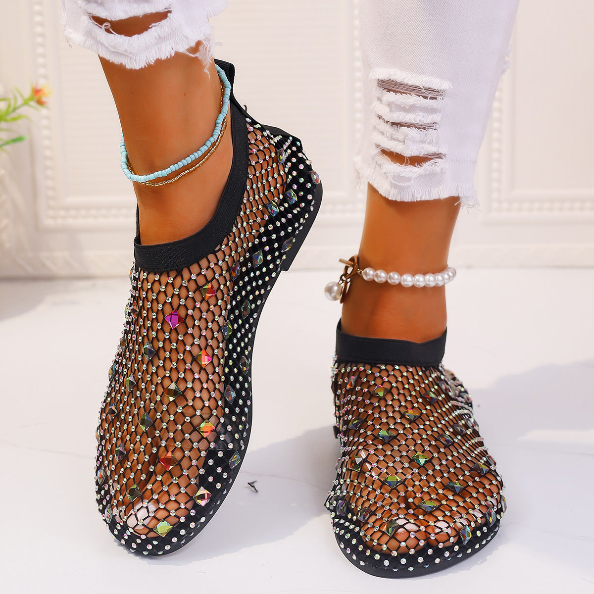 Mesh Flat Colorful Rhinestone Sandals