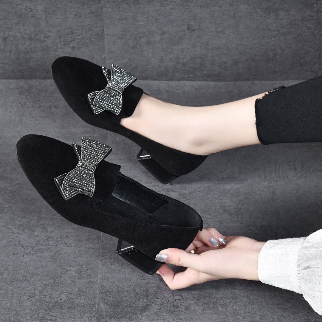 Round Toe Rhinestone Bow Leather Flats