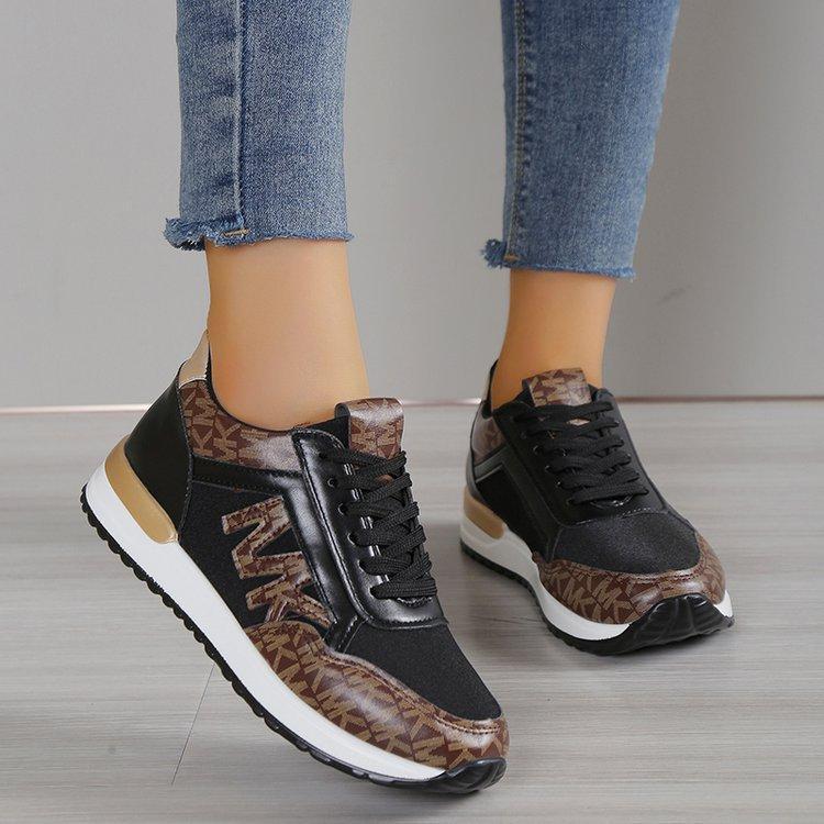 Printing Lace Up Round Toe Color Matching Running Shoes