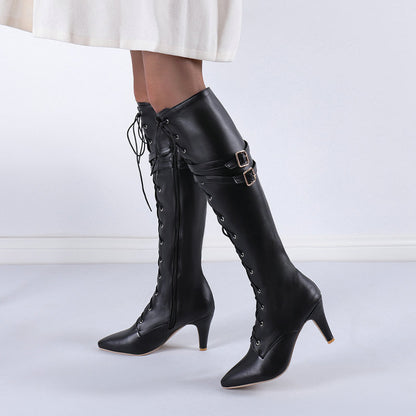 Belt Buckle Stiletto Heel Front Lace-up High Leg Boots