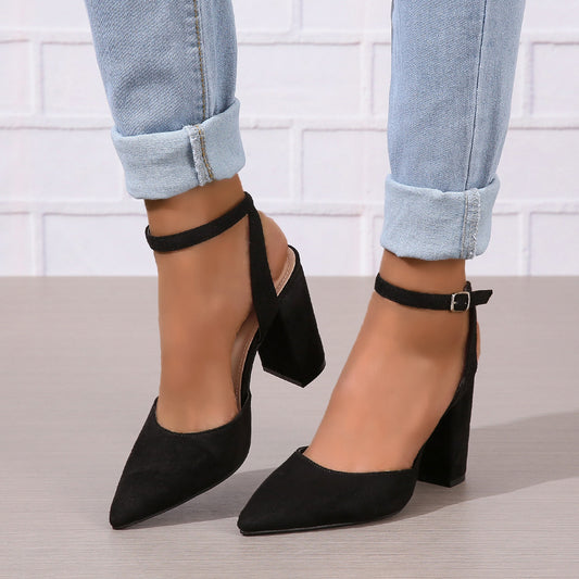 Hollow Pointed Chunky High Heels