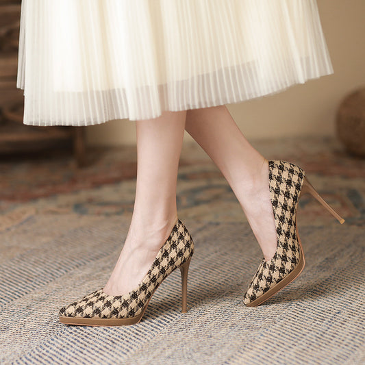 Check Pointed Fine High Heels