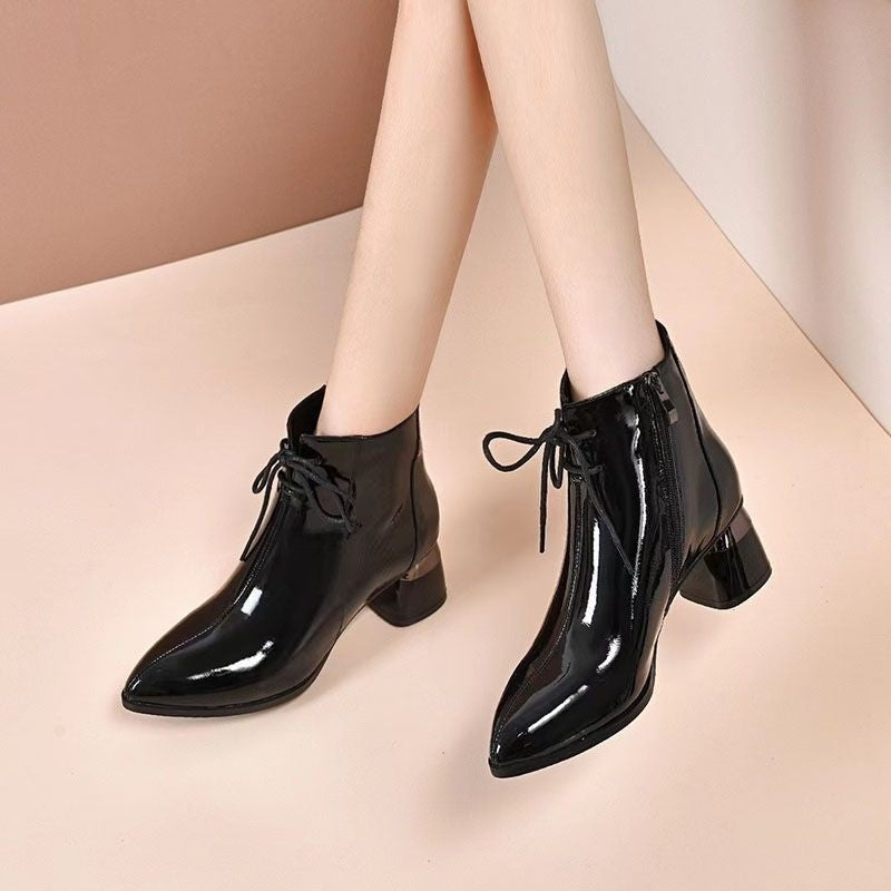 Chunky Heel Pointed Toe Elegant Martin Patent Leather Boots