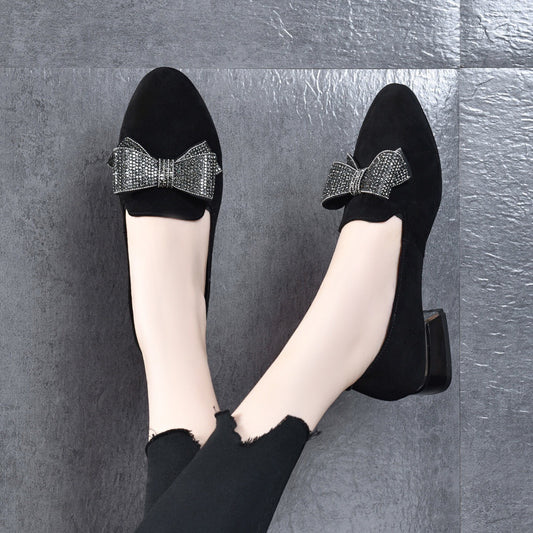 Round Toe Rhinestone Bow Leather Flats