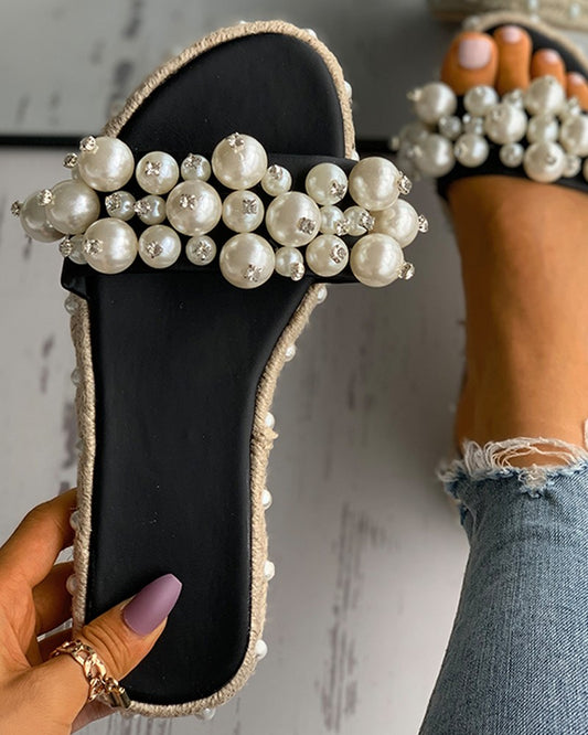 Beaded Rhinestone Open Toe Slippers