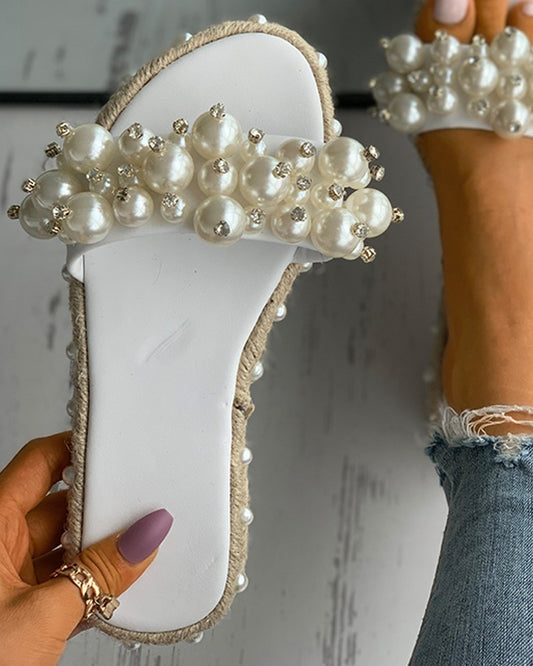 Beaded Rhinestone Open Toe Slippers