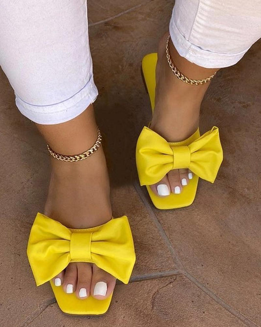 Bowknot Square Toe Flat Slippers