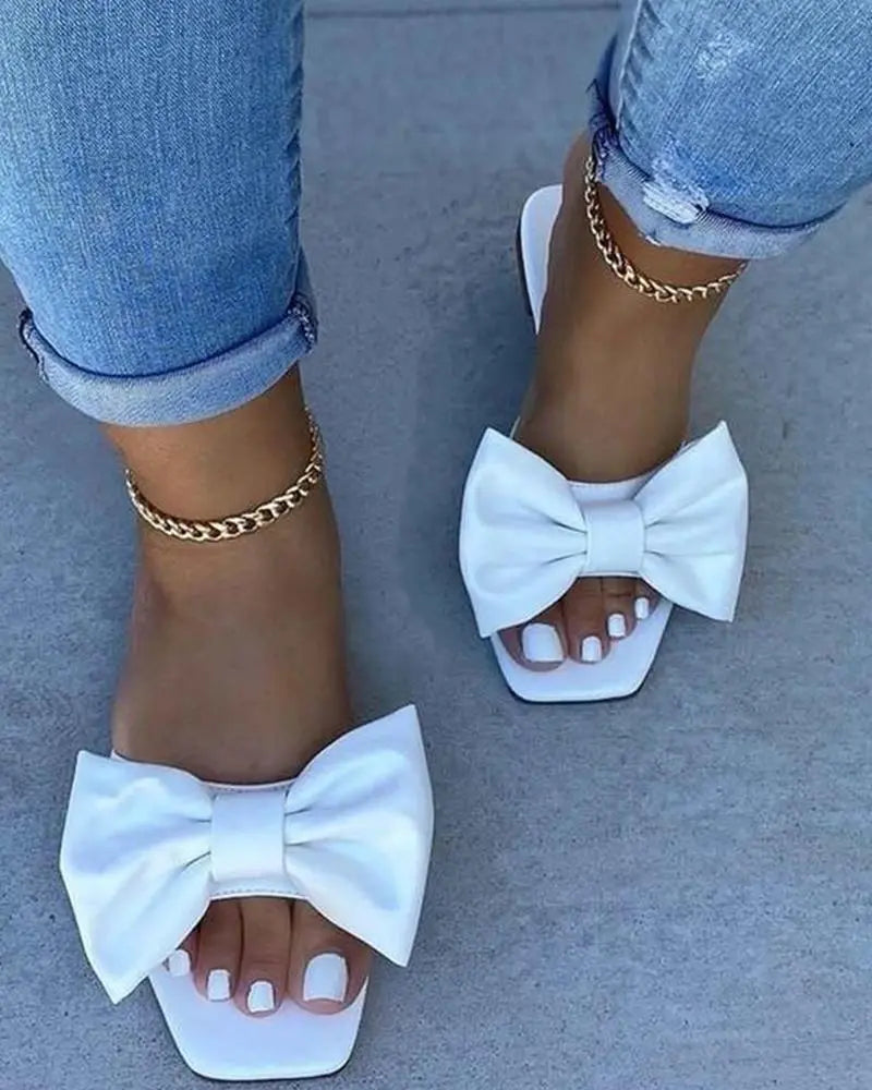 Bowknot Square Toe Flat Slippers