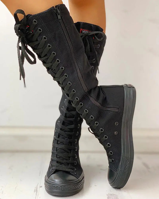 Canvas Side Zipped Lace-Up Sneakers