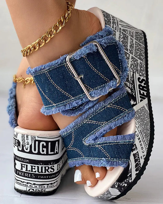 Newspaper Buckled Denim Wedge Slippers