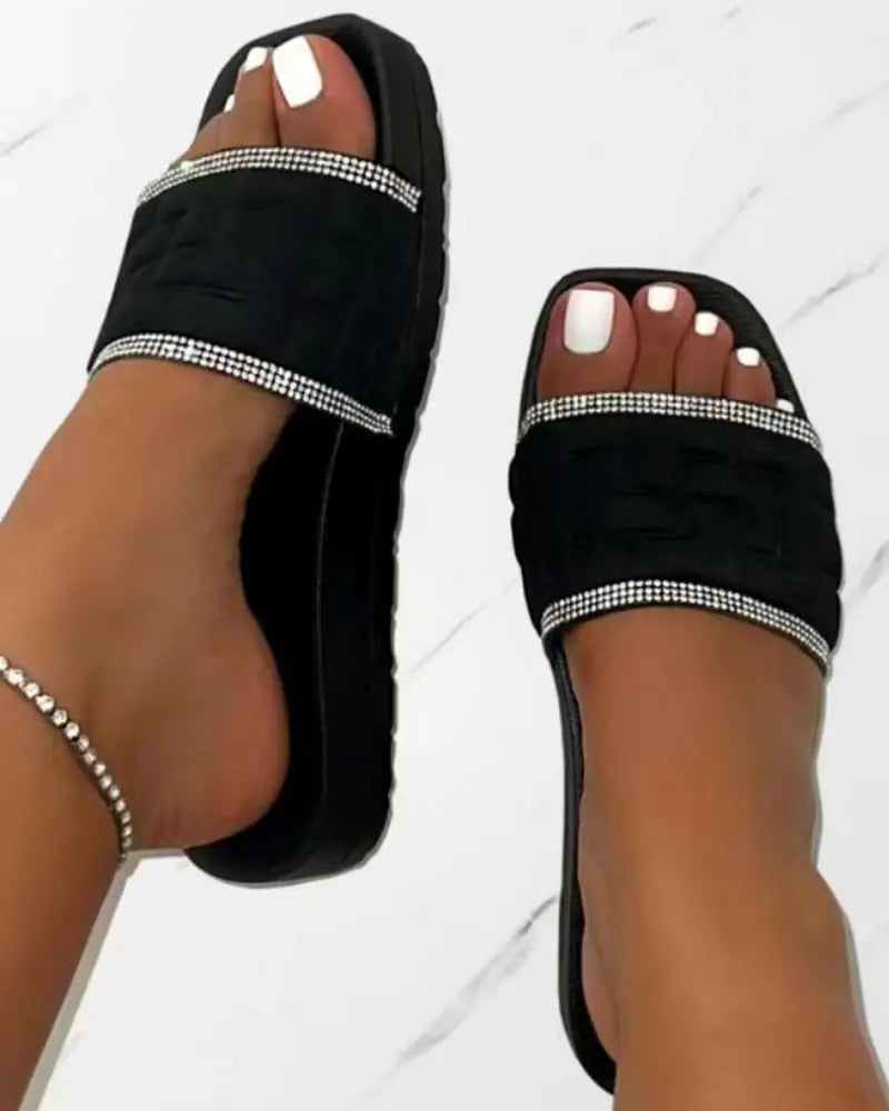 Rhinestone Wide Strap Slippers